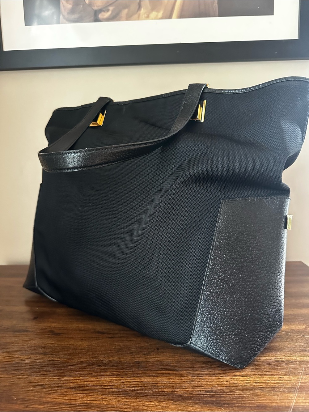 Salvatore Ferragamo Vintage Nylon & Textured Leather Black Tote